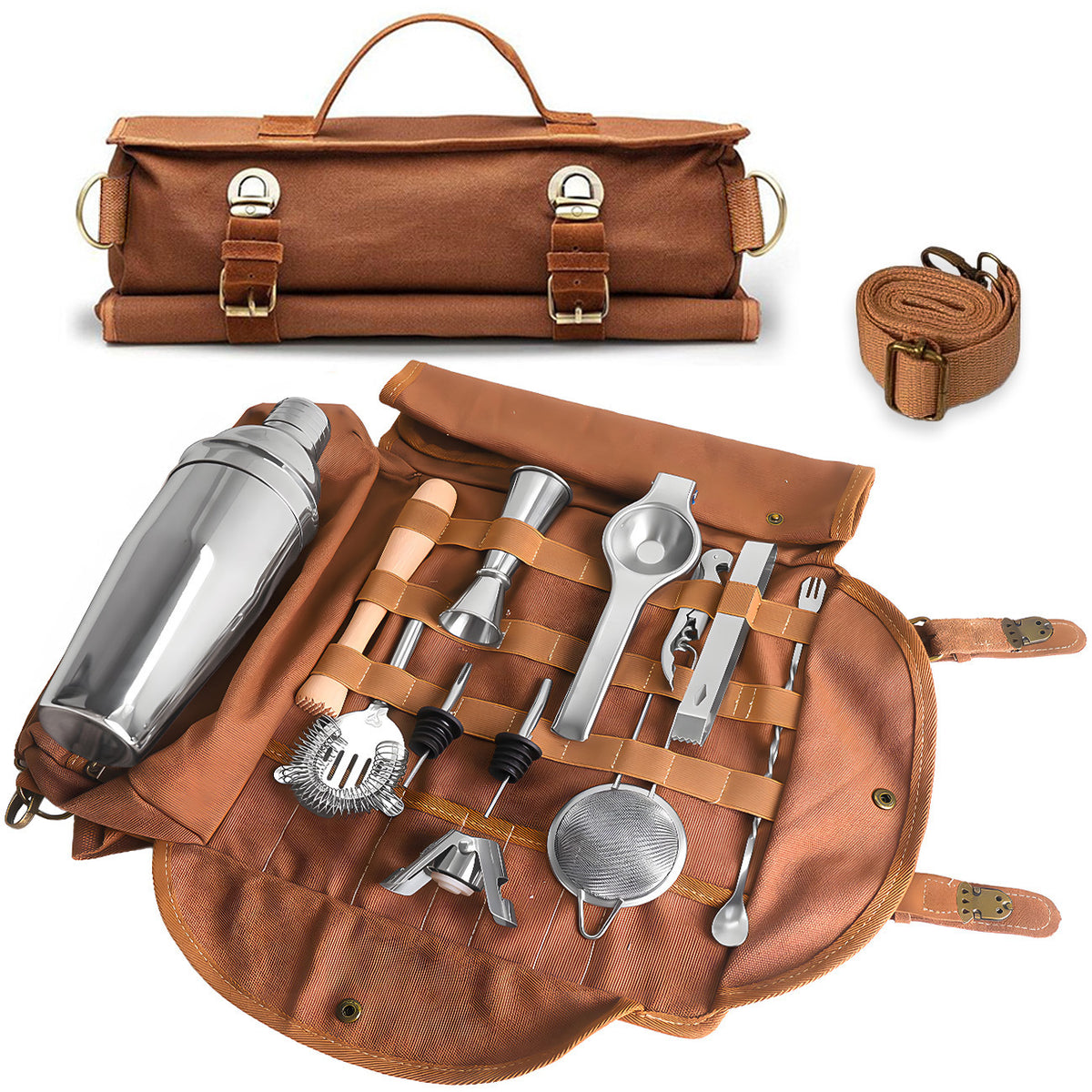Brown Professional Bartender Kit Travel Bag - Durable Canvas Tool Organizer and Bar Briefcase with Metal Buckles (45x35cm)
