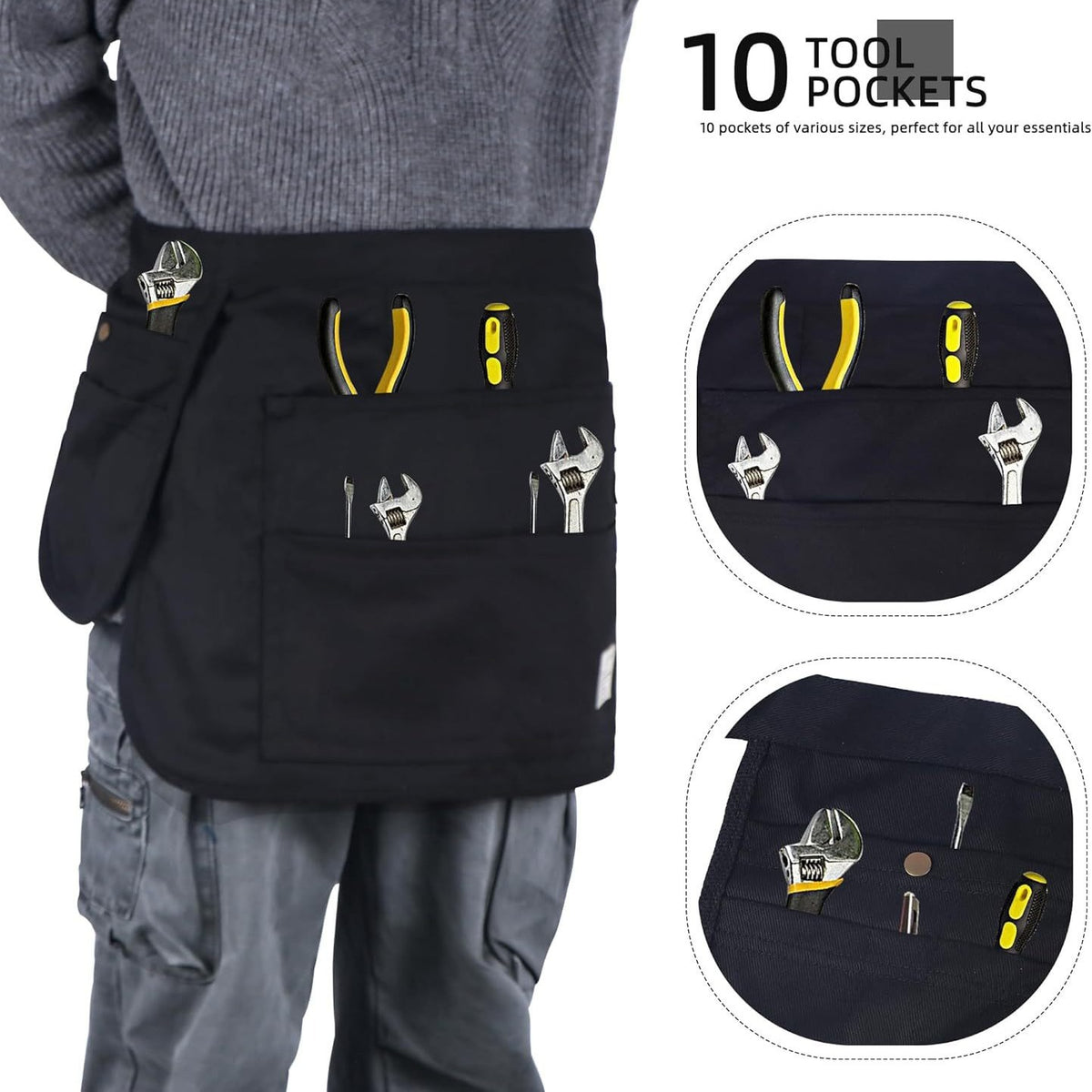 Black 10-Pocket Multi-Purpose Half-Body Utility Apron - Heavy-Duty Organizer Belt for Gardening, Makeup &amp; Hardware