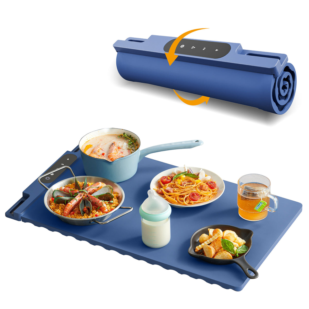 Blue 65x38CM Roll-Up Food Warming Silicone Mat with Precise Temprature Control &amp; 240W High Power - Waterproof and Oilproof Thermal Table Pad