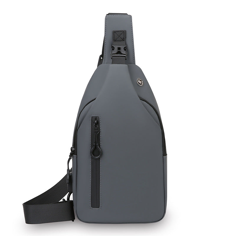 Grey Waterproof Unisex Chest Bag with USB Charging &amp; Headphone Port  - 3-Layer Large Capacity PU Leather Crossbody Bag