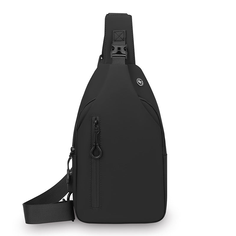Black Waterproof Unisex Chest Bag with USB Charging &amp; Headphone Port  - 3-Layer Large Capacity PU Leather Crossbody Bag