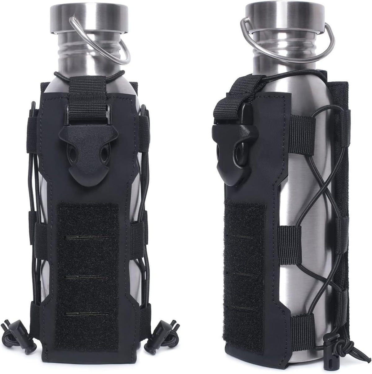 Black Adjustable Tactical Water Bottle Pouch - Multi-Functional MOLLE Compatible Accessory Bag for Hiking &amp; Outdoor Survival