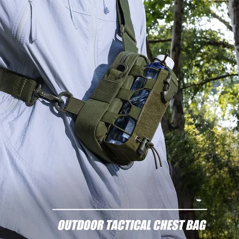 Black Outdoor Tactical Water Bottle Chest Bag - High-Capacity Phone Pouch with Expansion System for Cycling Camping and Fishing