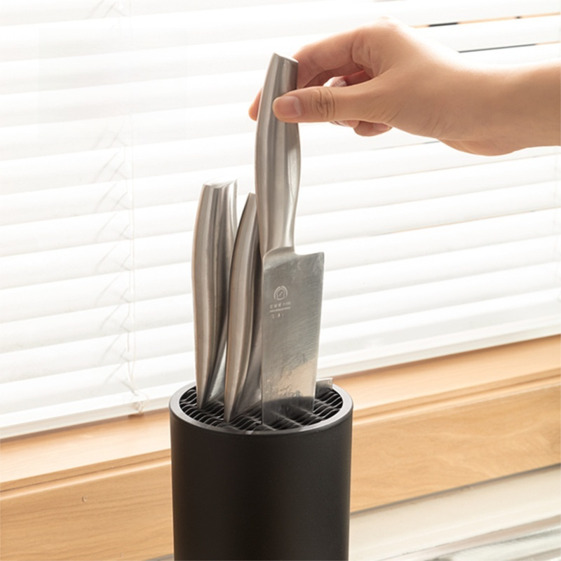2-Pack Matte Black Modern Multi-Slot Knife Block with Secure Wave Insert &amp; Drainage - Space-Saving and Smooth Withdrawal, Preventing Fallout Design