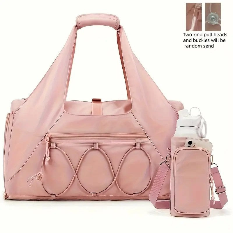 Pink High-Capacity Yoga Gym Duffel Set with Bonus Bottle Phone Pouch, Separate Shoe Compartment &amp; Yoga Mat Strap