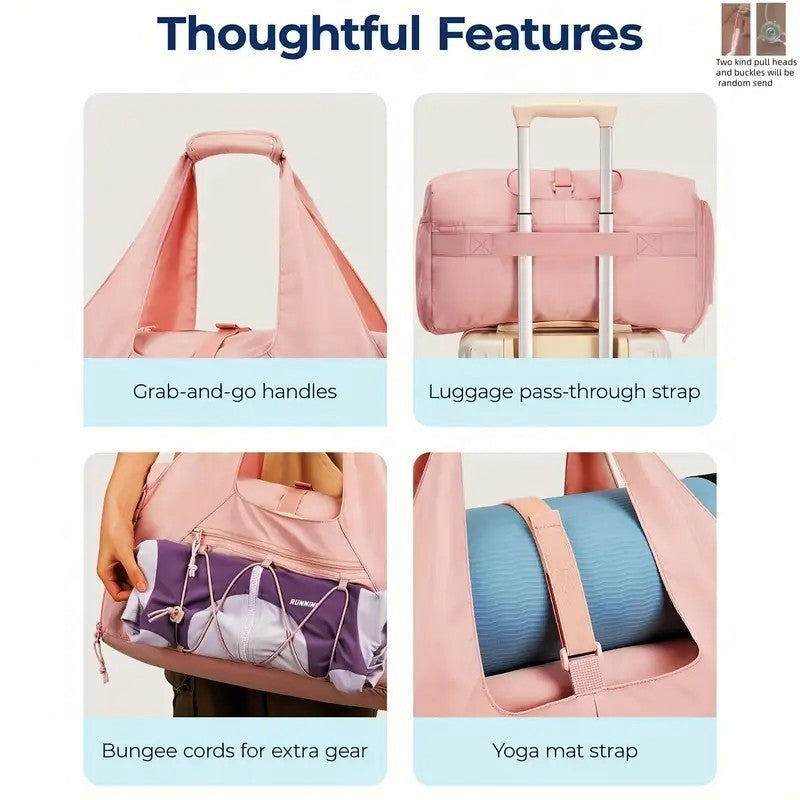 Pink High-Capacity Yoga Gym Duffel Set with Bonus Bottle Phone Pouch, Separate Shoe Compartment & Yoga Mat Strap