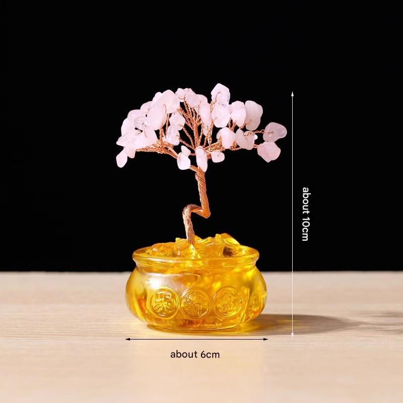 Natural Pink Crystal Money Tree with Fortune Basin &amp; Adjustable Wire Branches - Desktop Feng Shui Decor for Wealth and Prosperity