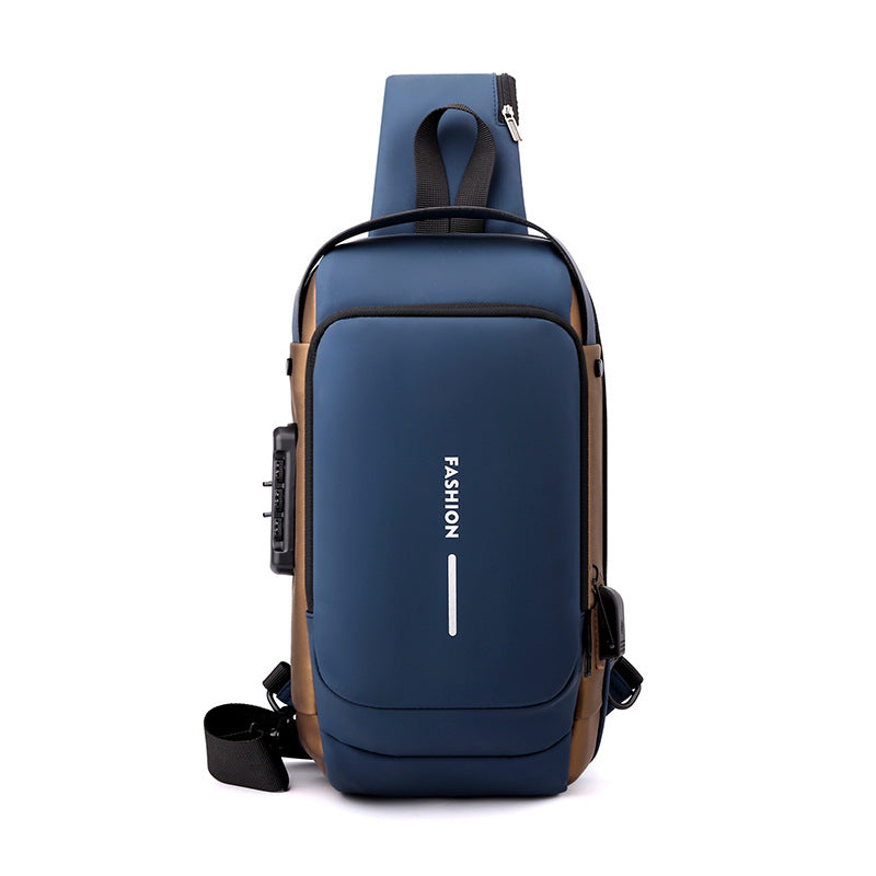 Blue Gold High Capacity Anti-Theft Tactical Chest Bag - Waterproof Leather-Film Sling with USB Charging &amp; TSA Password Lock