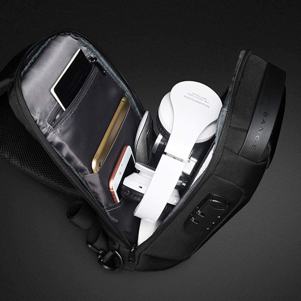 Black Lightweight Anti-Theft Tactical Chest Bag - Waterproof Security Sling Bag with 3-Digit Password Lock & Smart USB Charging Port