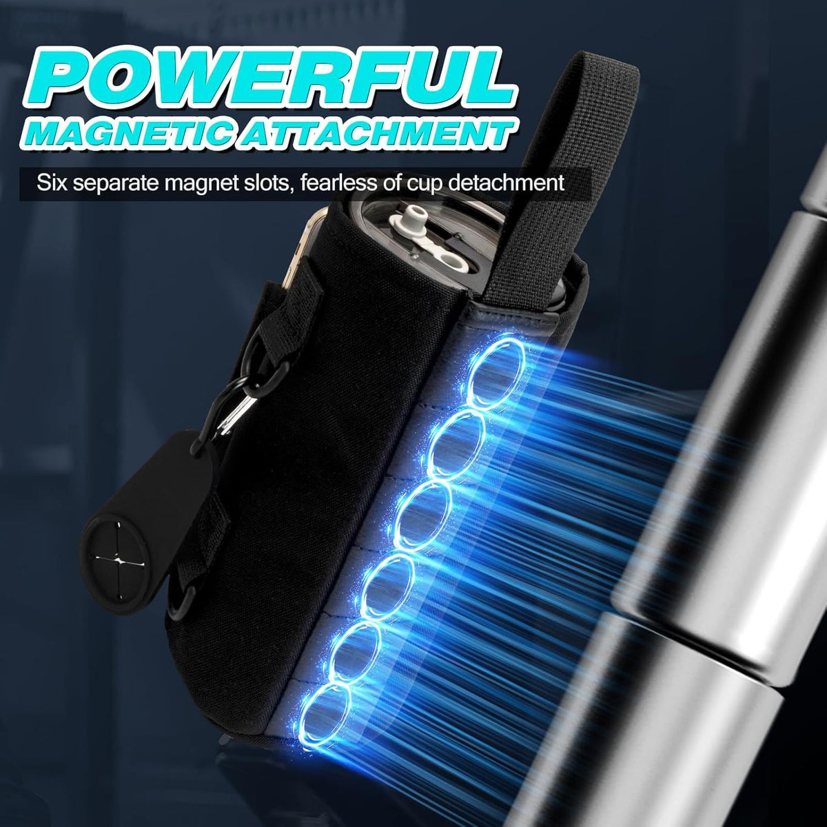 Black Magnetic Gym Water Bottle Pouch & Towel Clip with 6 High-Strength Magnets and Adjustable Strap - Fits 18oz to 40oz