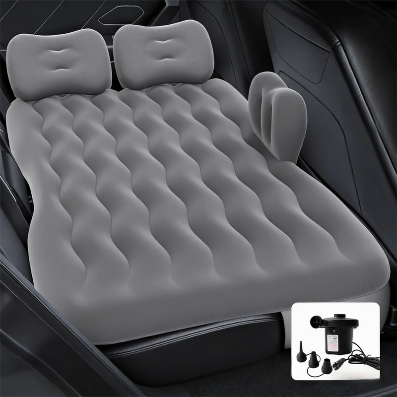 Grey Multi-Chamber Car Inflatable Air Mattress with Electric Pump &amp; Pillows for Universal Backseat Sleeping and Camping(174 x 68 CM)