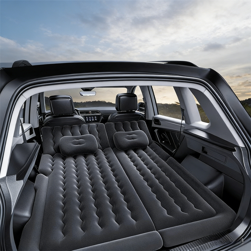Black Multi-Chamber Car Inflatable Air Mattress with Electric Pump, Storage Bag & Pillows for Universal Trunk Sleeping and Camping (174 x 126 CM)