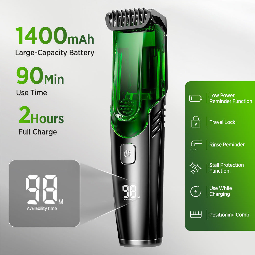 Green Beard & Hair Trimmer with Strong Vacuum Suction and Digital Display - Waterproof Rechargable Electric Clipper