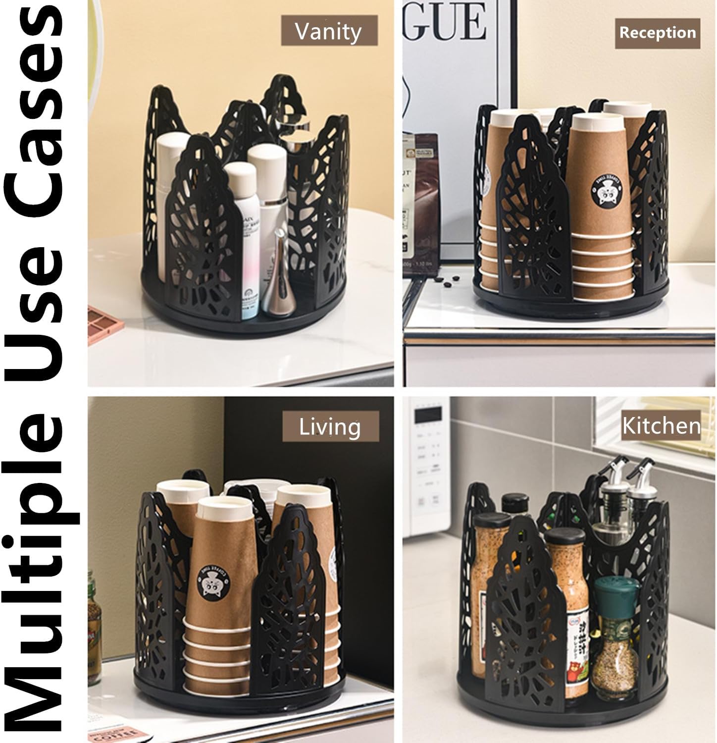 Black 360°Rotating Multi-Scenario Countertop Storage Rack - Large Capacity 4 Compartment Holder for Coffee & Tea Cups