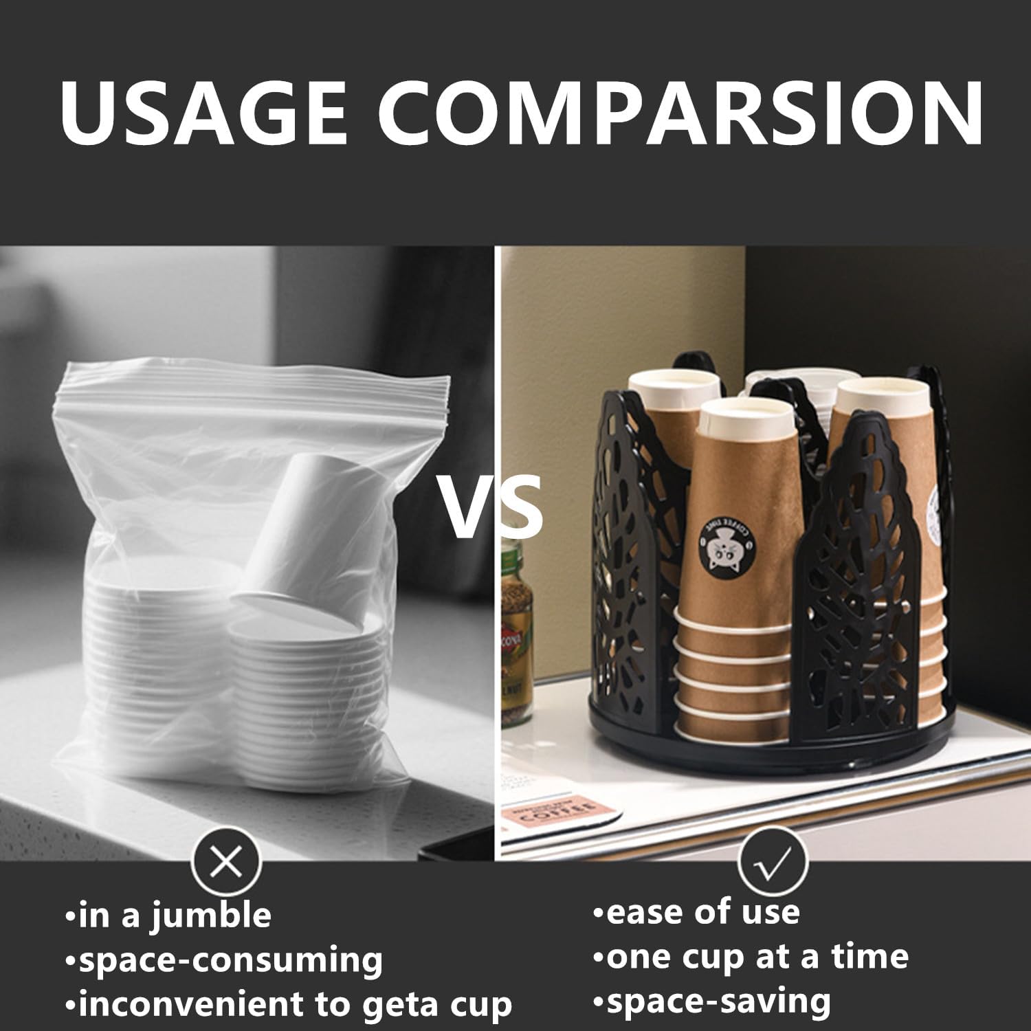 Black 360°Rotating Multi-Scenario Countertop Storage Rack - Large Capacity 4 Compartment Holder for Coffee & Tea Cups