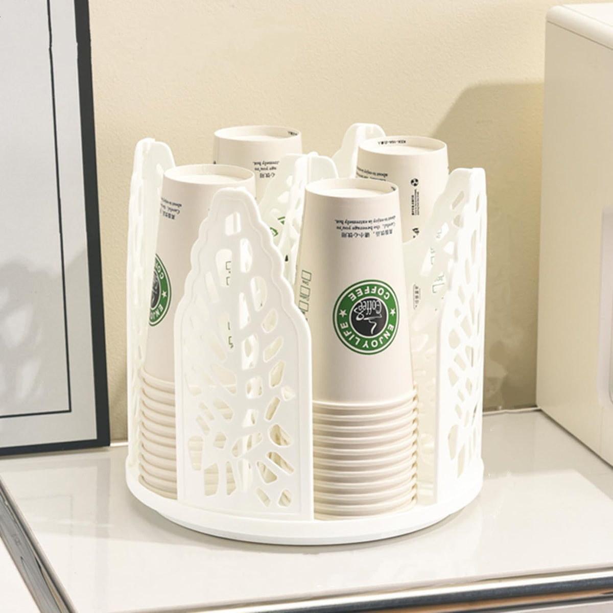 White 360°Rotating Multi-Scenario Countertop Storage Rack - Large Capacity 4 Compartment Holder for Coffee &amp; Tea Cups