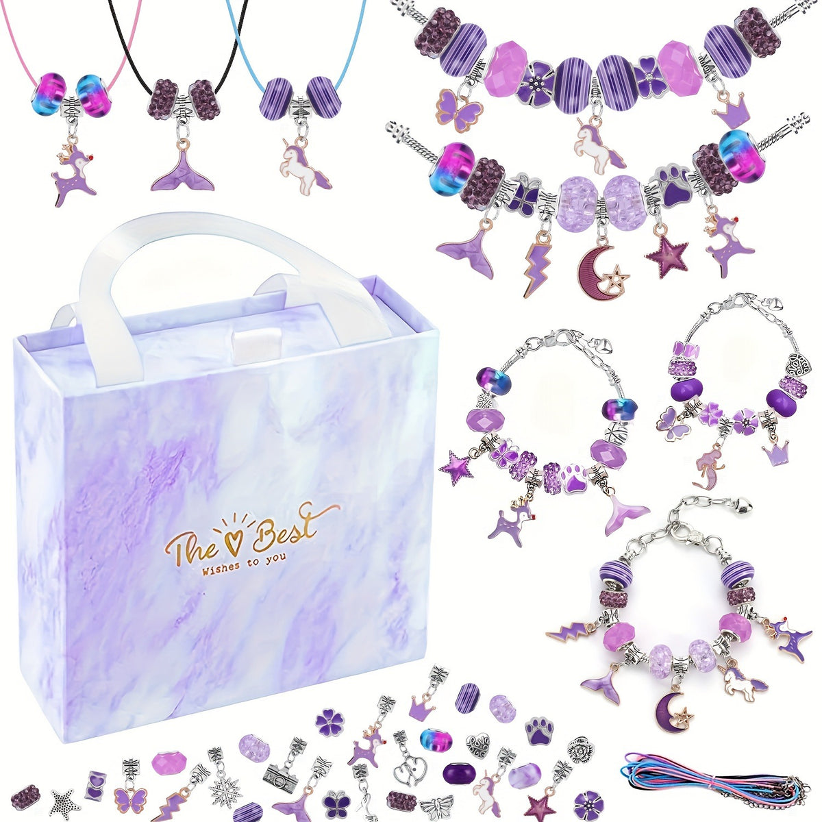 67PCS Purple DIY Charm Necklace &amp; Bracelet Making Kit - Creative Jewelry Craft Set with Colorful Drip Oil Pendants &amp; Metal Beads