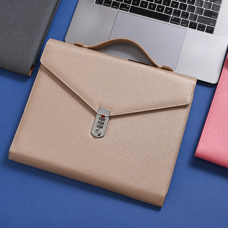 Champagne Anti-Theft Document Organizer with Secure Password Lock - Waterproof PU Leather Confidential File Bag