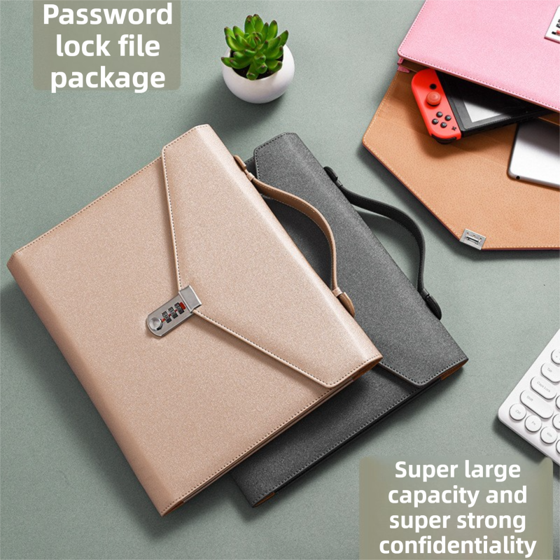 Champagne Anti-Theft Document Organizer with Secure Password Lock - Waterproof PU Leather Confidential File Bag