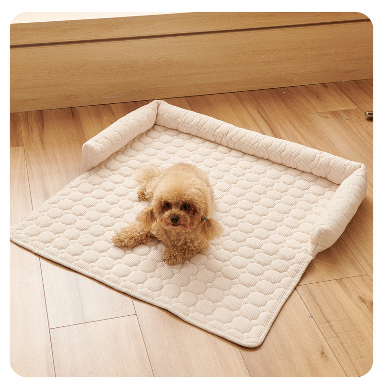 Beige Pet Sofa Protector &amp; Calming Bolster Bed with Diamond Lattice - 75x75CM Thickened Non Slip Furniture Cover for Cats &amp; Dogs