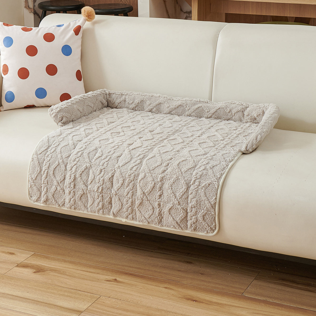 Light Grey Pet Sofa Protector &amp; Calming Bolster Bed with Cable Knit - 75x75CM Thickened Non Slip Furniture Cover for Cats &amp; Dogs