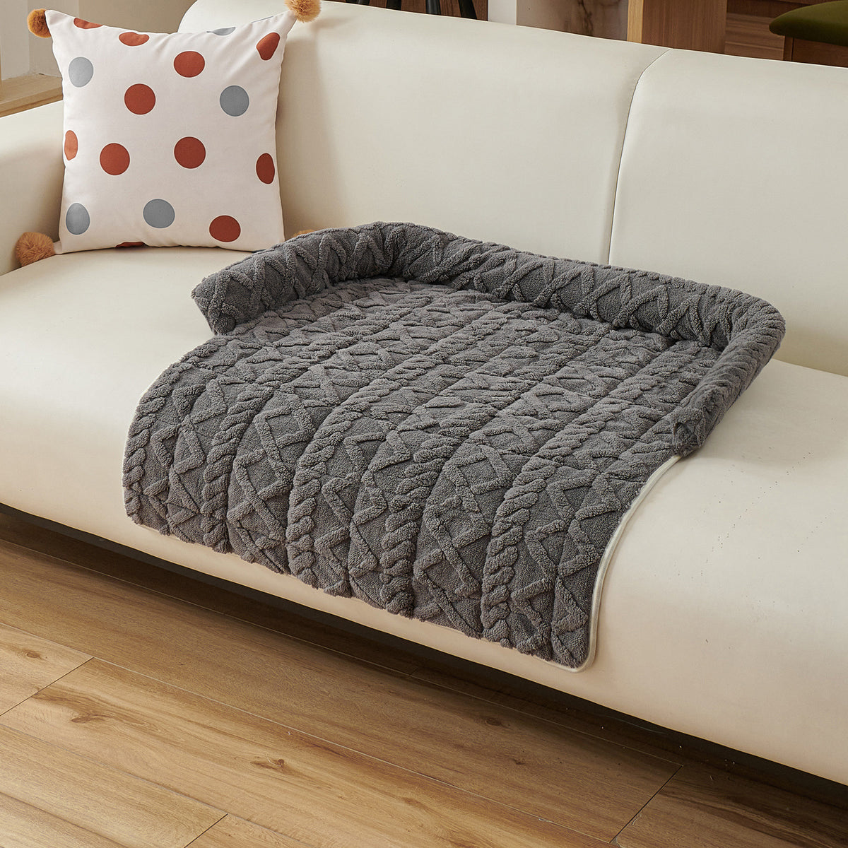 Dark Grey Pet Sofa Protector &amp; Calming Bolster Bed with Cable Knit - 75x75CM Thickened Non Slip Furniture Cover for Cats &amp; Dogs