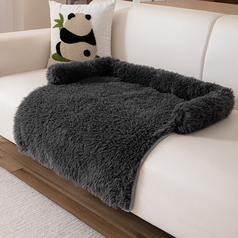 Black Pet Sofa Protector &amp; Calming Bolster Bed with Long Plush - 75x75CM Thickened Non Slip Furniture Cover for Cats &amp; Dogs