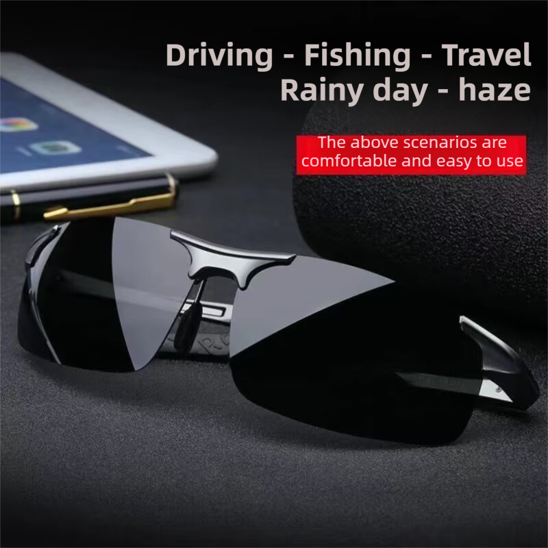 Black Photochromic HD Sunglass with Anti-Glare/Fatigue Polarization & Impact Resistant Alloy Frame for Day & Night Dual Use