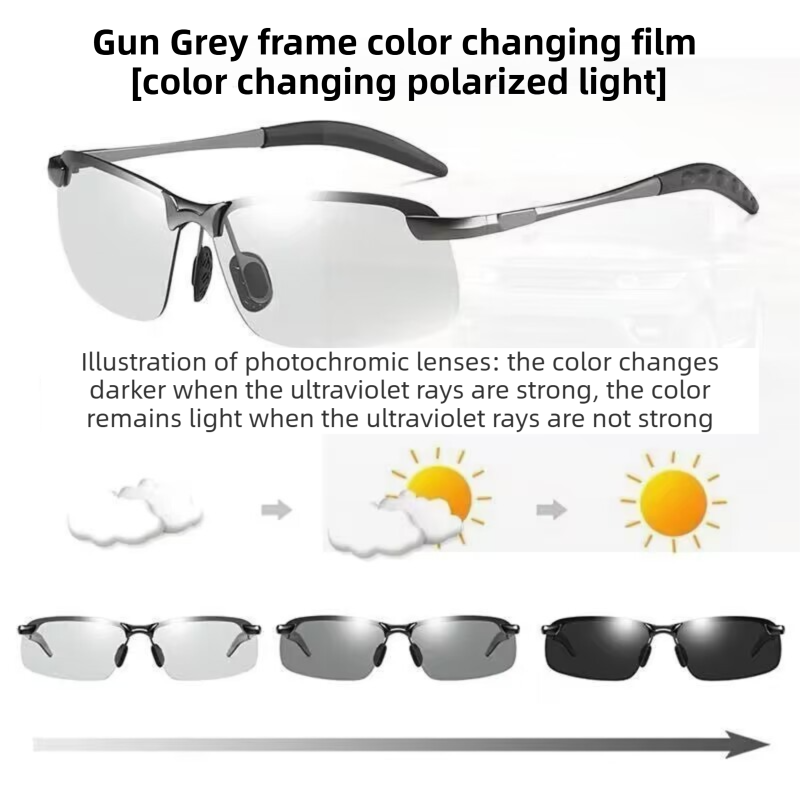 Gun Grey Photochromic HD Sunglass with Anti-Glare/Fatigue Polarization &amp; Impact Resistant Alloy Frame for Day &amp; Night Dual Use