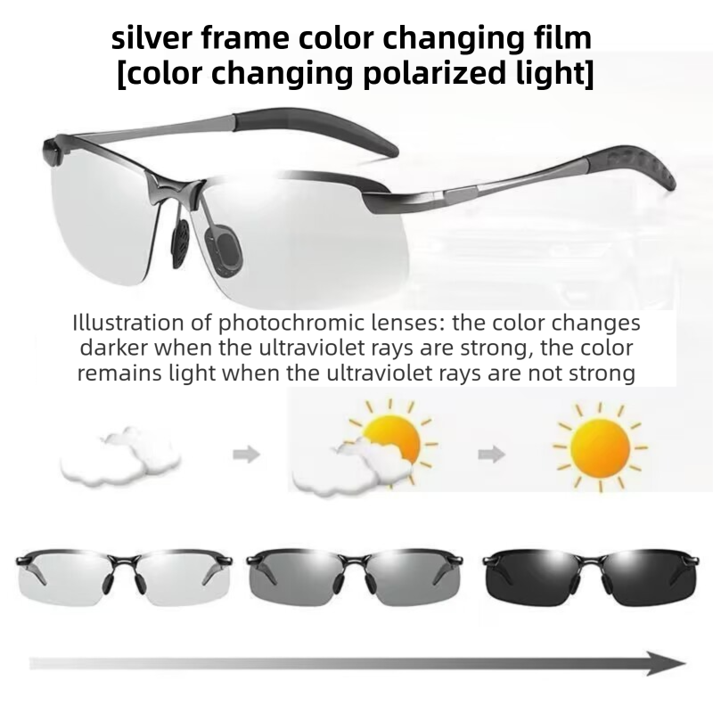 Sliver Photochromic HD Sunglass with Anti-Glare/Fatigue Polarization &amp; Impact Resistant Alloy Frame for Day &amp; Night Dual Use