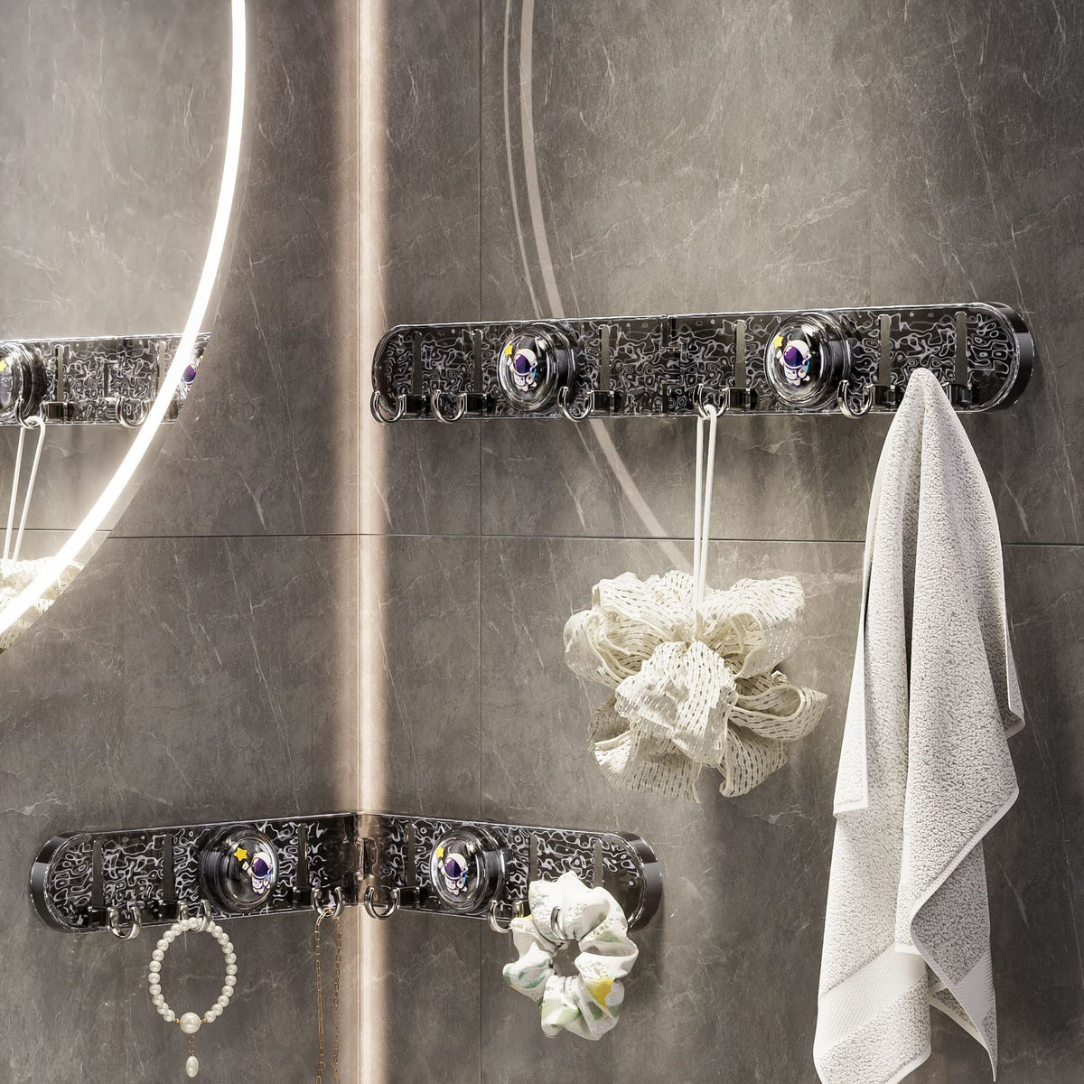 180° Foldable Hidden Hook Rail with Reusable Suction Cup - Waterproof Water Ripple Rack for Bathroom &amp; Kitchen (Black-Transparency)