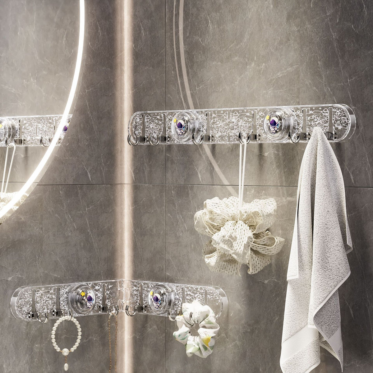 2-Pack 180°Foldable Hidden Hook Rail with Reusable Suction Cup - Waterproof Water Ripple Rack for Bathroom &amp; Kitchen (White-Transparency)