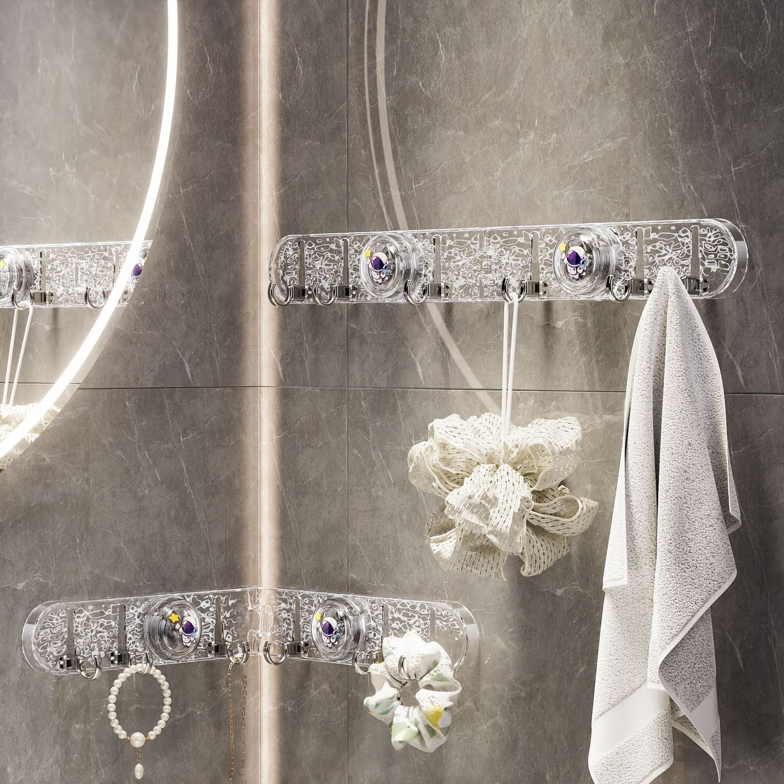 2-Pack 180°Foldable Hidden Hook Rail with Reusable Suction Cup - Waterproof Water Ripple Rack for Bathroom & Kitchen (White-Transparency)