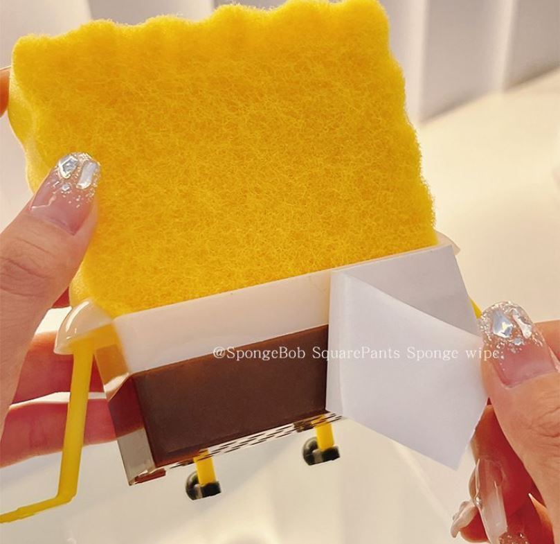Cute SpongeBob Kitchen Dishwashing Kit - 2PC SquarePants Hollow Drain Rack and 5PC High-Absorbency Cleaning Sponge