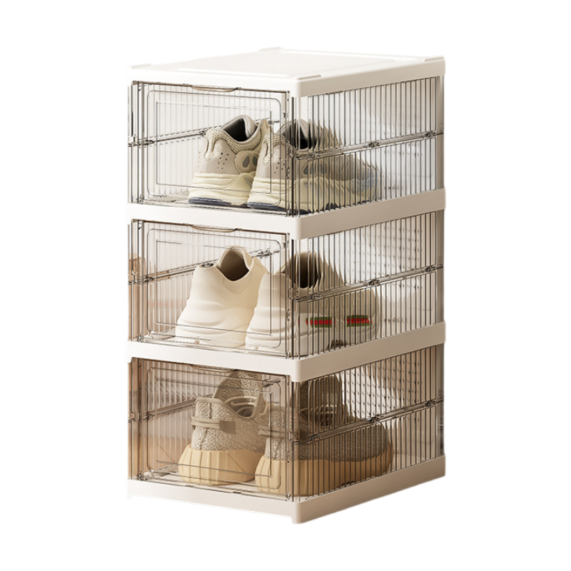 Transparent 3-Layer Foldable Shoe Storage Tower with Transparent Display Panel &amp; Back Ventilation - One-Pull Instant Setup Stackable Box (25.5x34.5x52.5CM)