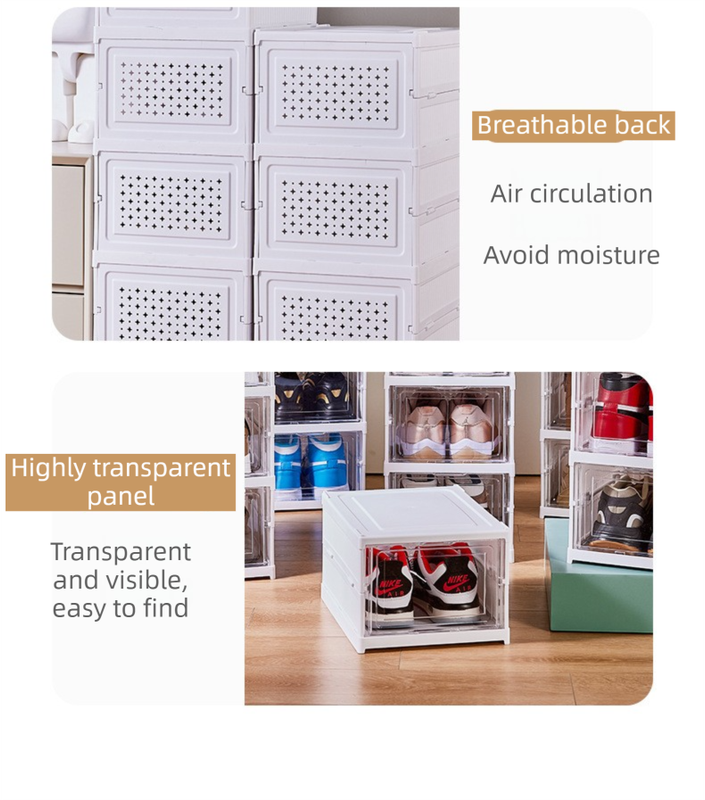 Transparent 3-Layer Foldable Shoe Storage Tower with Transparent Display Panel & Back Ventilation - One-Pull Instant Setup Stackable Box (25.5x34.5x52.5CM)