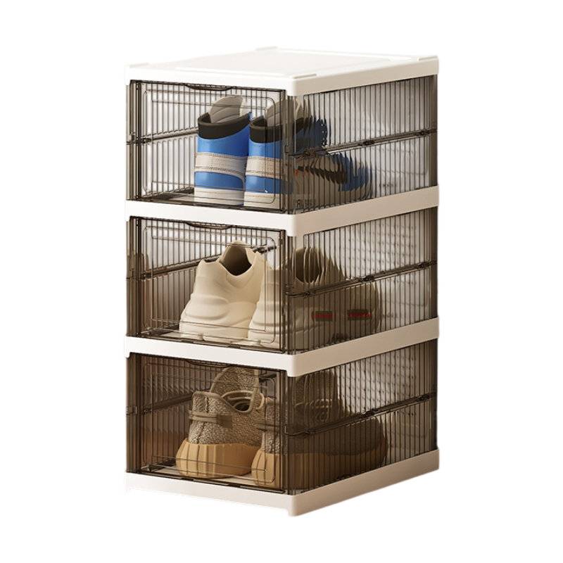Transparent Grey 3-Layer Foldable Shoe Storage Tower with Transparent Display Panel & Back Ventilation - One-Pull Instant Setup Stackable Box (25.5x34.5x52.5CM)