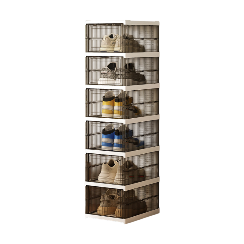 Transparent Grey 6-Layer Foldable Shoe Storage Tower with Transparent Display Panel &amp; Back Ventilation - One-Pull Instant Setup Stackable Box (25.5x34.5x105CM)