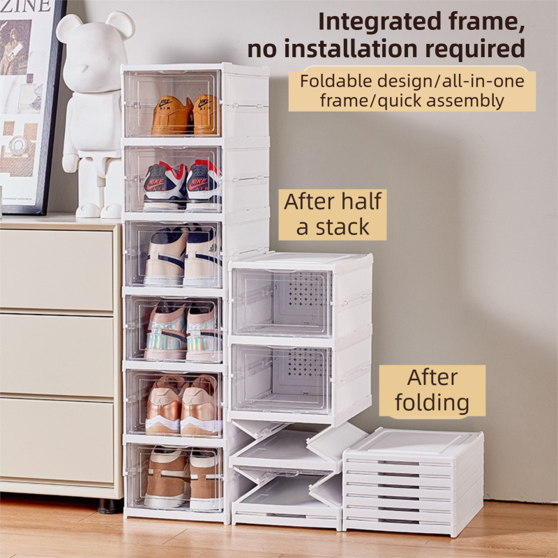 Transparent Grey 6-Layer Foldable Shoe Storage Tower with Transparent Display Panel & Back Ventilation - One-Pull Instant Setup Stackable Box (25.5x34.5x105CM)