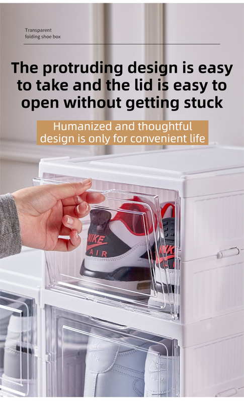 Transparent Grey 6-Layer Foldable Shoe Storage Tower with Transparent Display Panel & Back Ventilation - One-Pull Instant Setup Stackable Box (25.5x34.5x105CM)