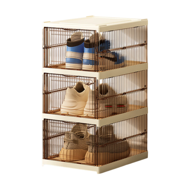 Transparent Brown 3-Layer Foldable Shoe Storage Tower with Transparent Display Panel &amp; Back Ventilation - One-Pull Instant Setup Stackable Box (25.5x34.5x52.5CM)