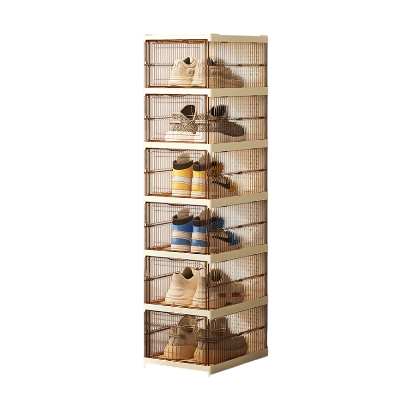 Transparent Brown 6-Layer Foldable Shoe Storage Tower with Transparent Display Panel &amp; Back Ventilation - One-Pull Instant Setup Stackable Box (25.5x34.5x105CM)
