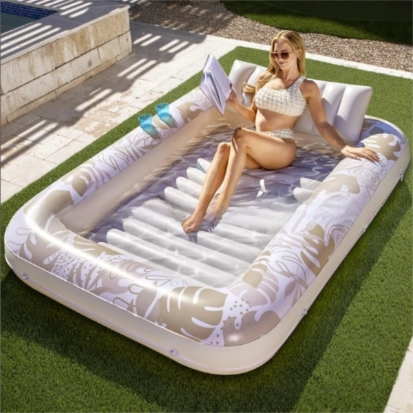 180x118CM Gold Deluxe Inflatable Suntan Tub &amp; Floating Pool Lounger with Dual Integrated Cup Holders and Pillow - Portable Sunbathing Pool for Lawn &amp; Water