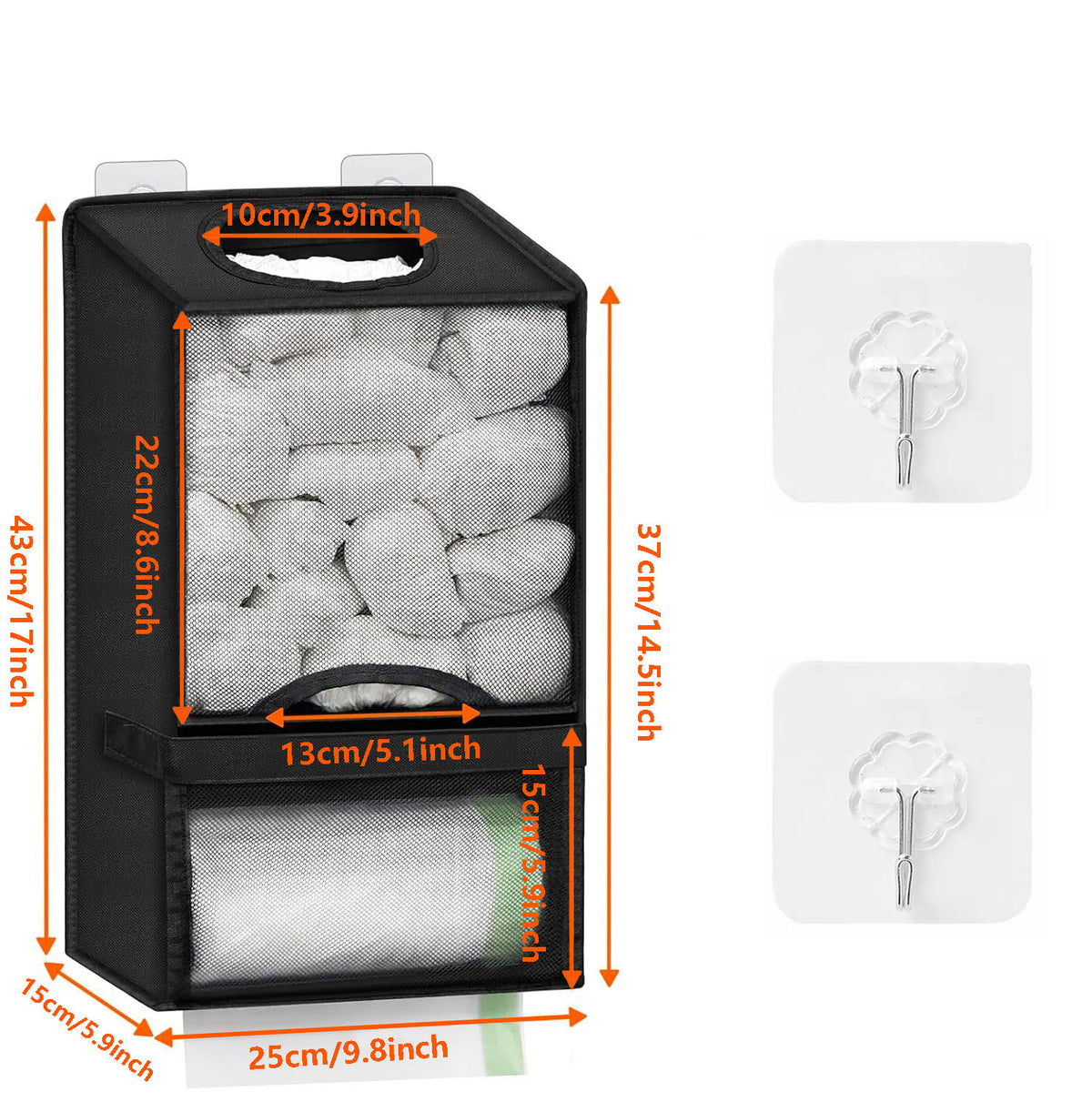 2-in-1 Black Kitchen Plastic Bag &amp; Trash Bag Roll Dispenser - Hanging Grocery &amp; Produce Bag Organizer (17.5x9.9x5.8 inch)