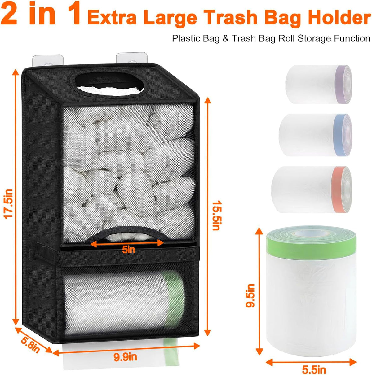 2-in-1 Black Kitchen Plastic Bag & Trash Bag Roll Dispenser - Hanging Grocery & Produce Bag Organizer (17.5x9.9x5.8 inch)