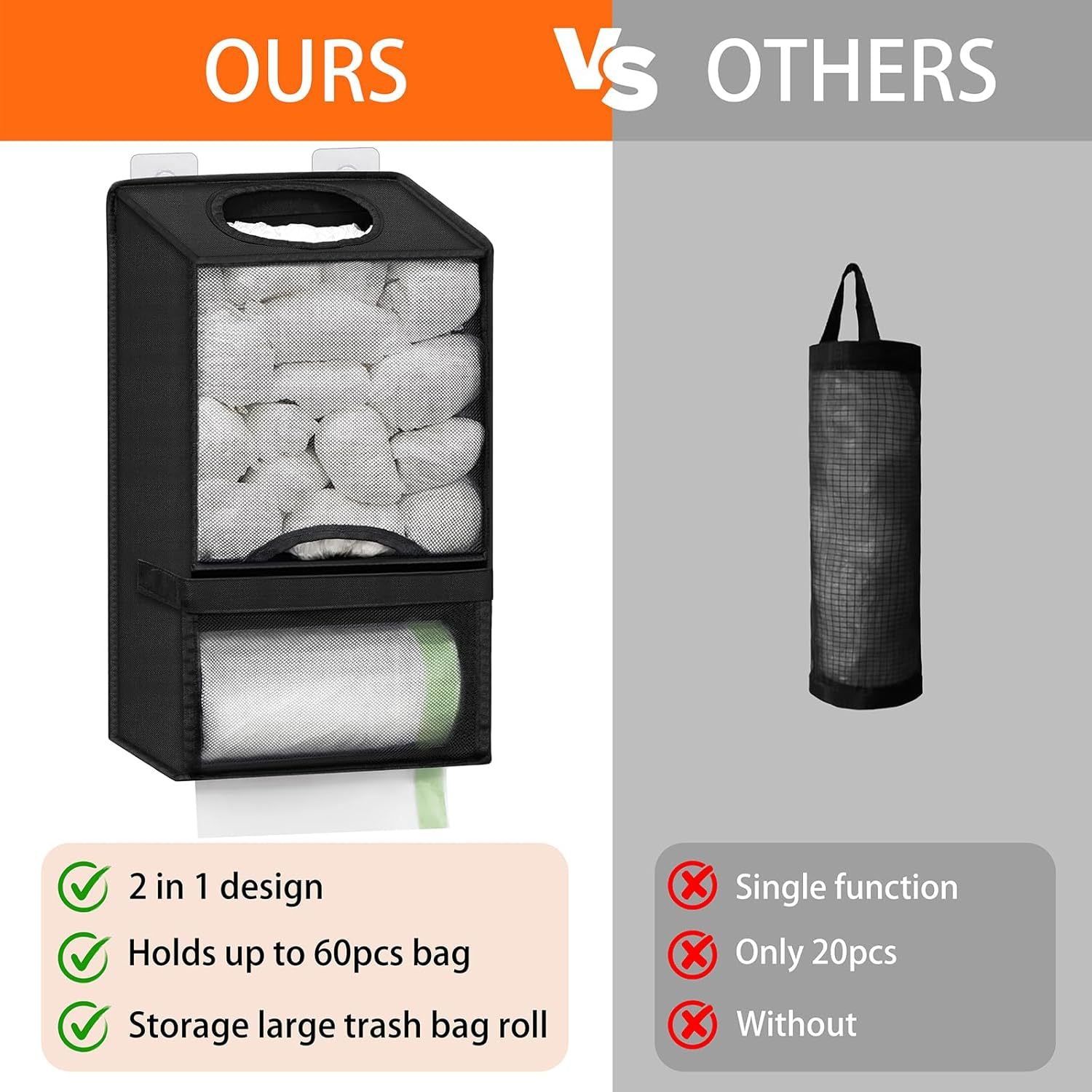 2-in-1 Black Kitchen Plastic Bag & Trash Bag Roll Dispenser - Hanging Grocery & Produce Bag Organizer (17.5x9.9x5.8 inch)