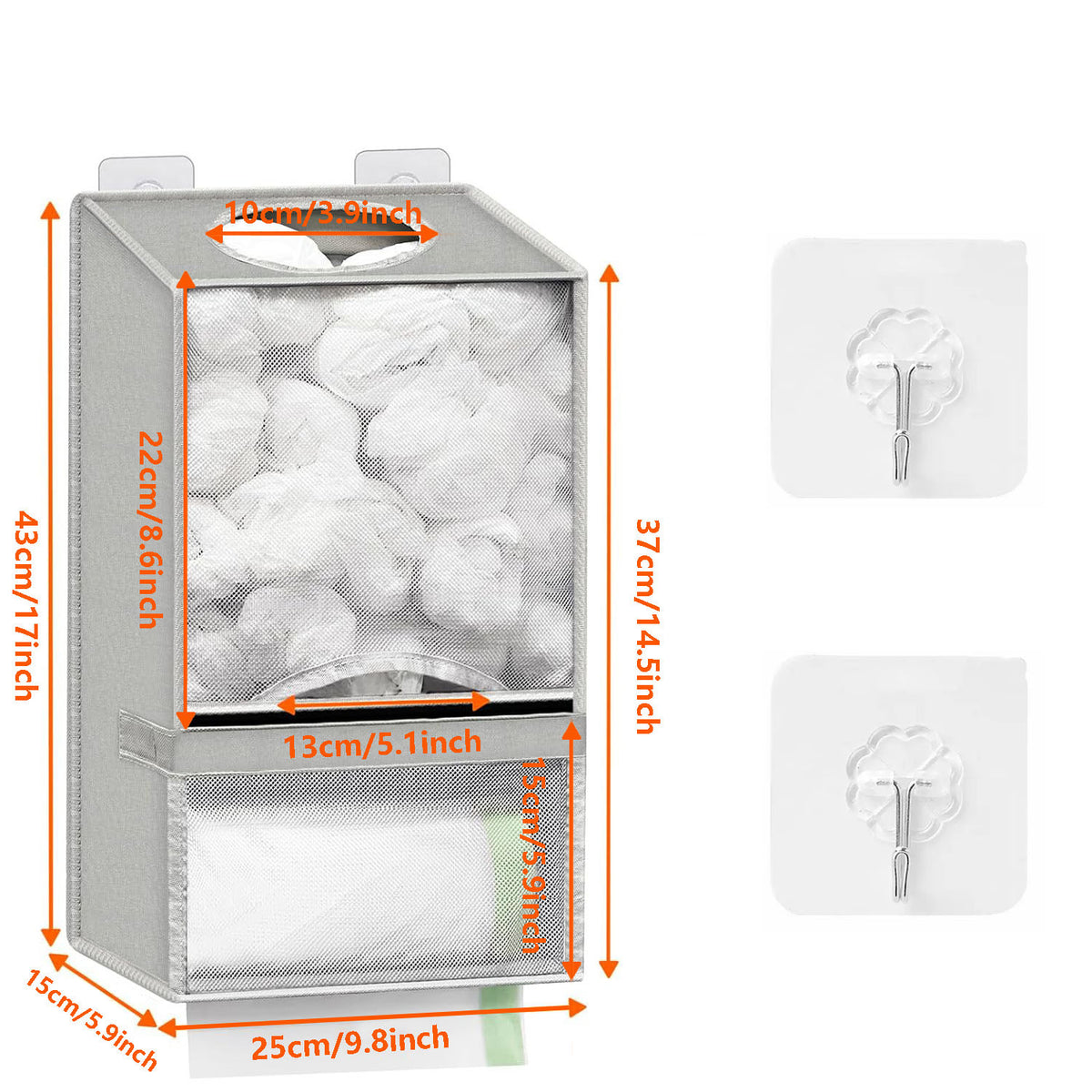 2-in-1 Grey Kitchen Plastic Bag &amp; Trash Bag Roll Dispenser - Hanging Grocery &amp; Produce Bag Organizer (17.5x9.9x5.8 inch)