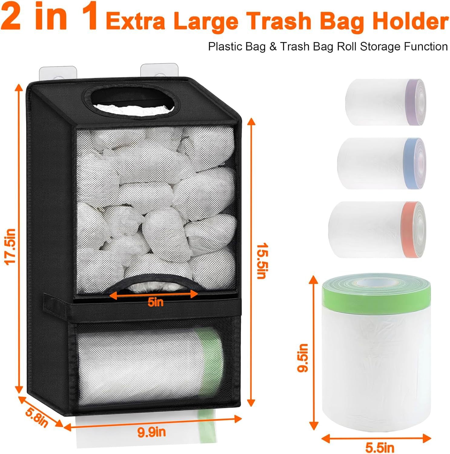 2-in-1 Grey Kitchen Plastic Bag & Trash Bag Roll Dispenser(2 Pack) - Hanging Grocery & Produce Bag Organizer (17.5x9.9x5.8 inch)