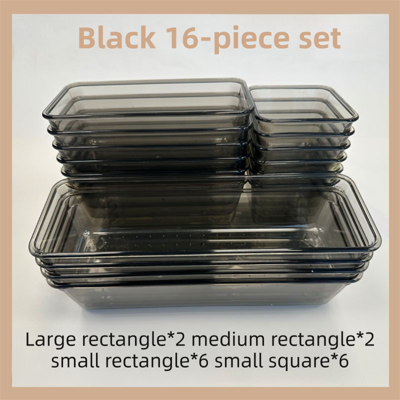 16PCS Black Transparent Stackable Organizer Set - 4-Size Versatile Desktop &amp; Drawer Divider