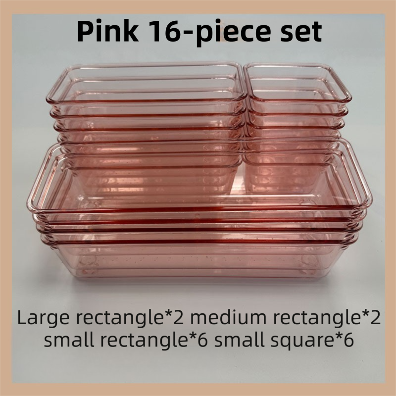 16PCS Pink Transparent Stackable Organizer Set - 4-Size Versatile Desktop &amp; Drawer Divider